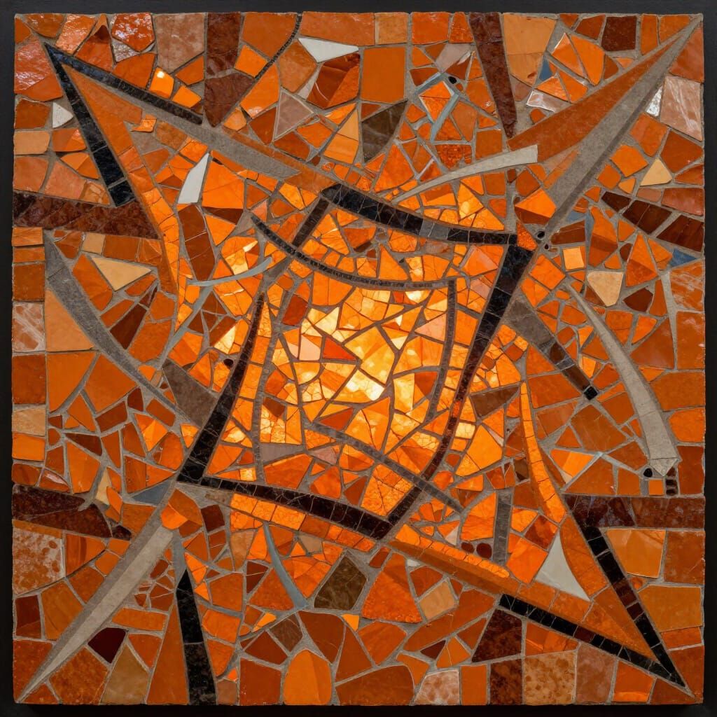 Chaotic Orange Mosaic Art in Surrealist Cubist Style