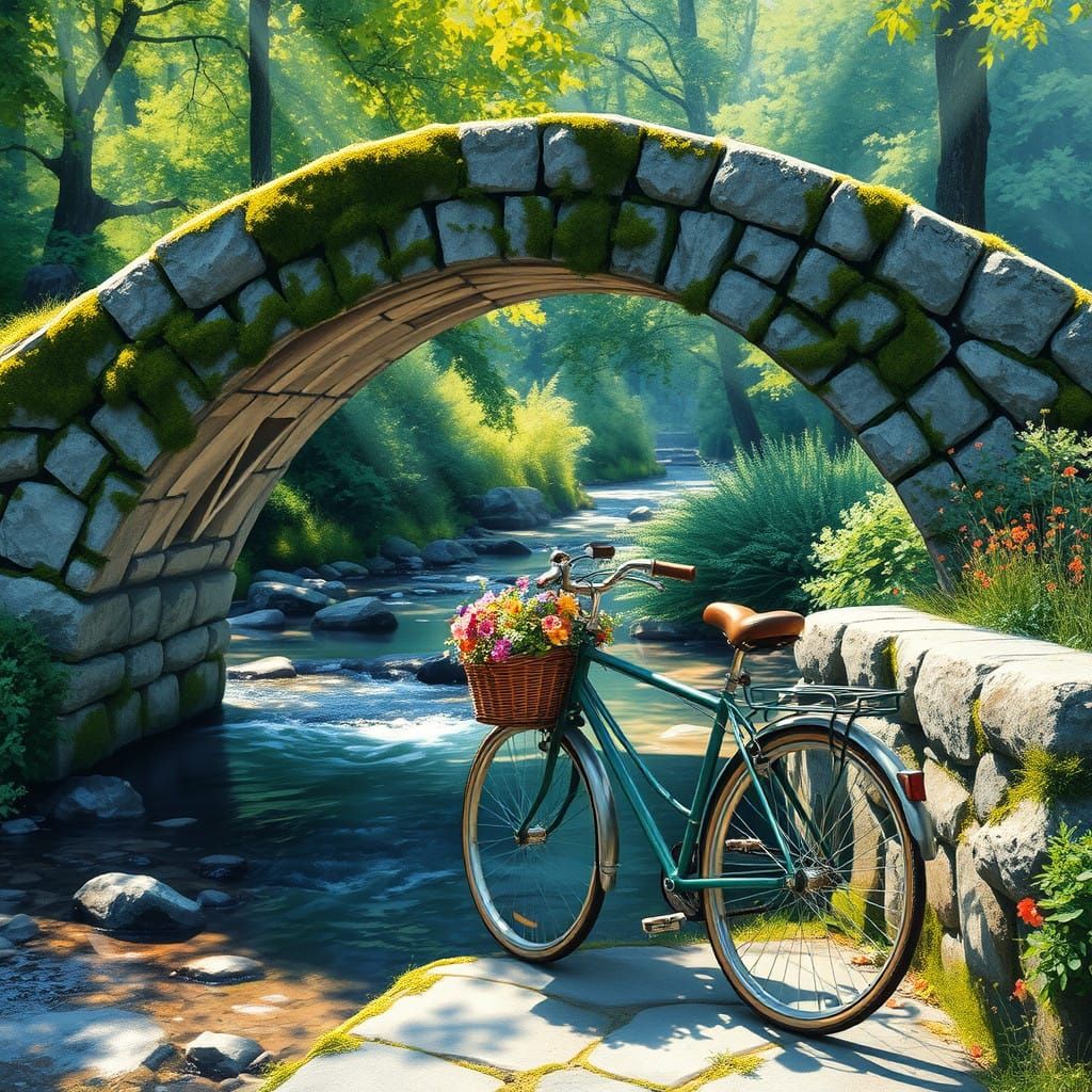 Ancient Stone Bridge Over Serene Brook in Gouache Style