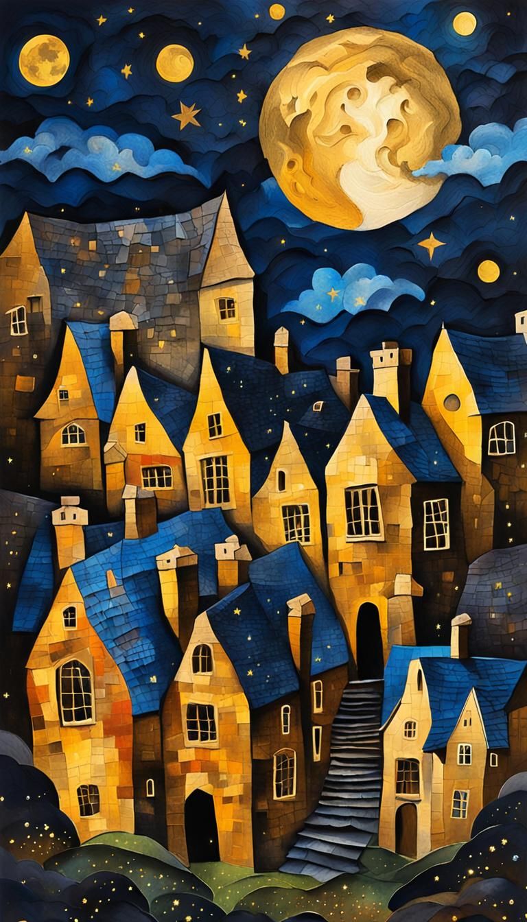 Nighttime Cotswold Village in Mixed Media Collage