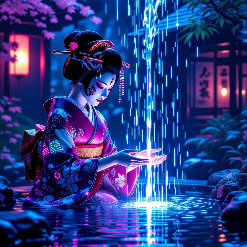 Cyberpunk Geisha in Futuristic Tokyo Garden