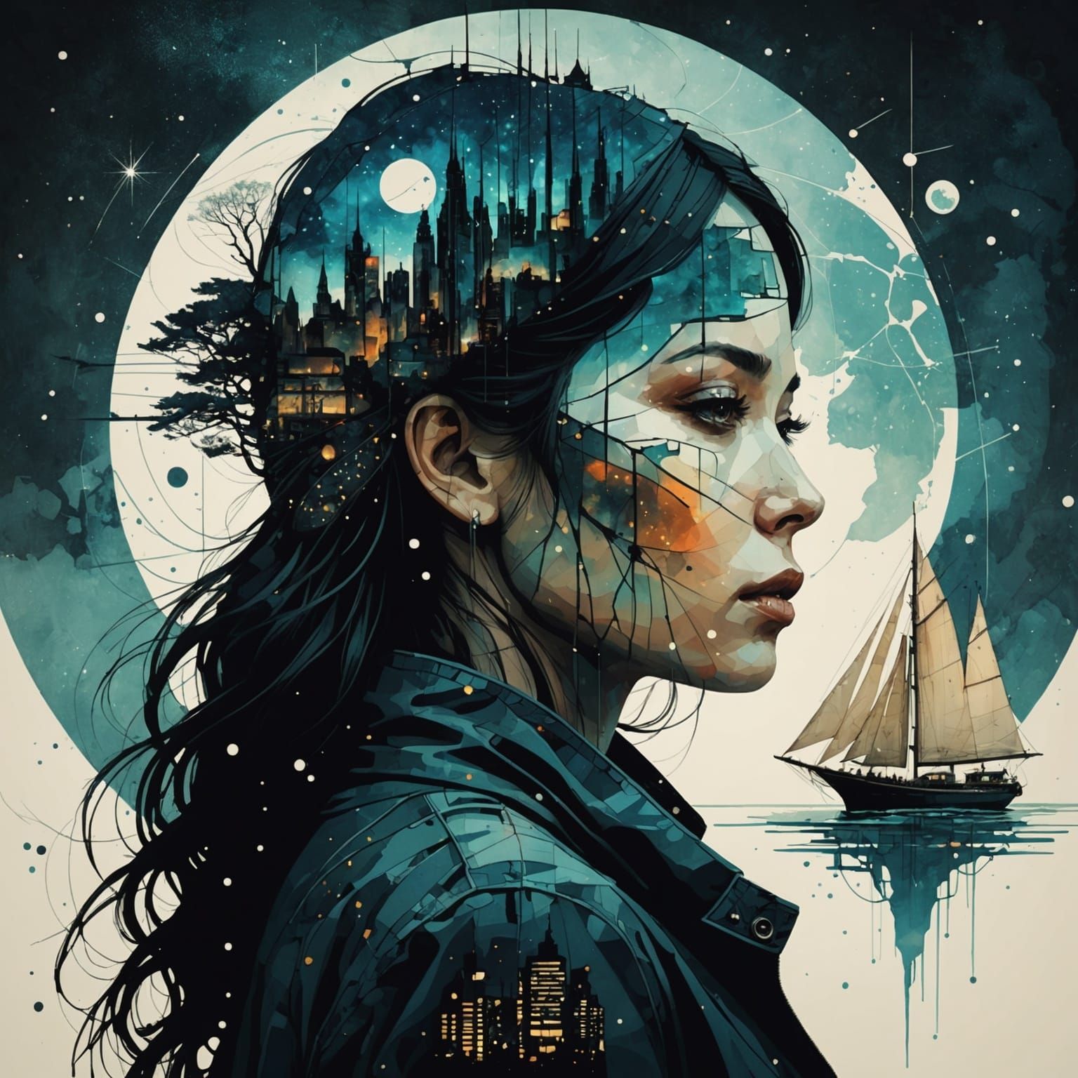 Galaxy Merging with Starry World: Double Exposure Art