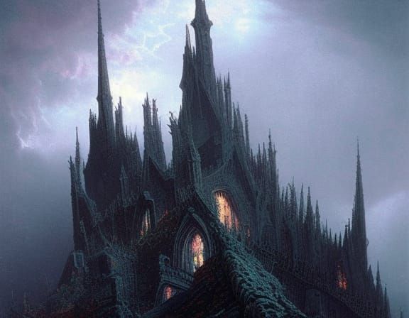 insanely detailed tall, spiky dark purple castle spire with horns covered in dark gemstones horror Gustave Doré Greg Rut...