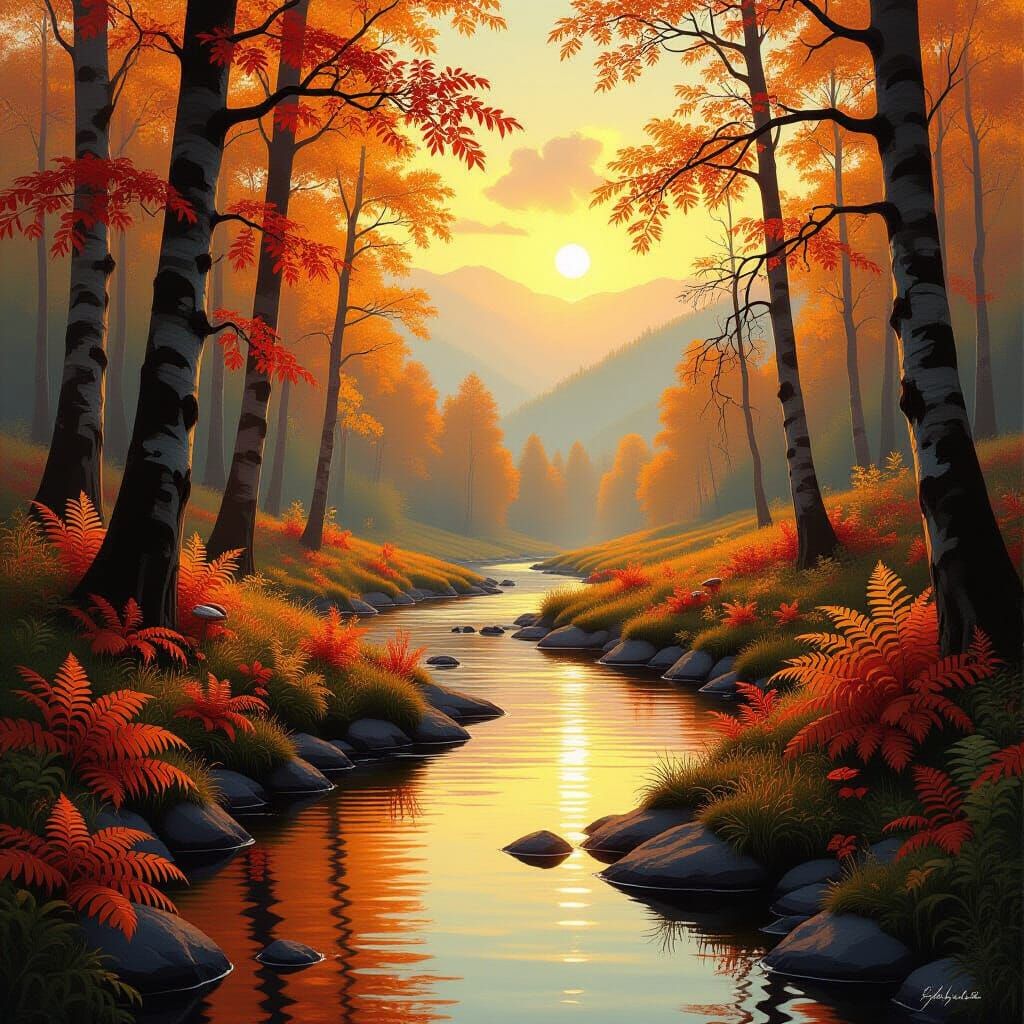 Golden Hour Autumn Forest River Painting