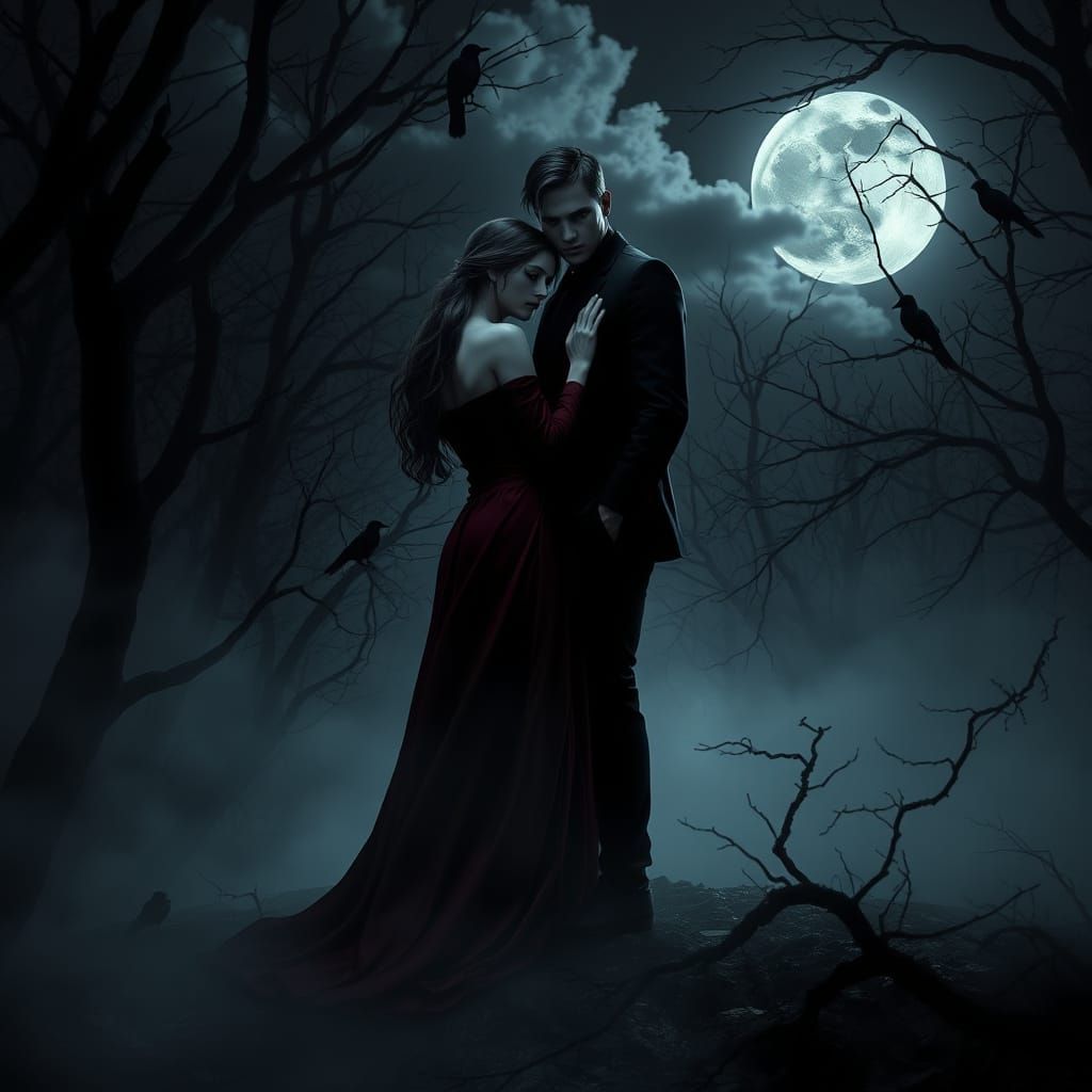 Ethereal Nighttime Scene in a Fog-Drenched Forest with a Hau...