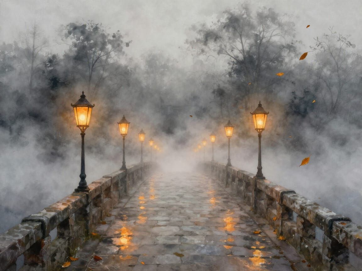 Misty Lantern Bridge Fantasy Painting with Atmospheric Depth