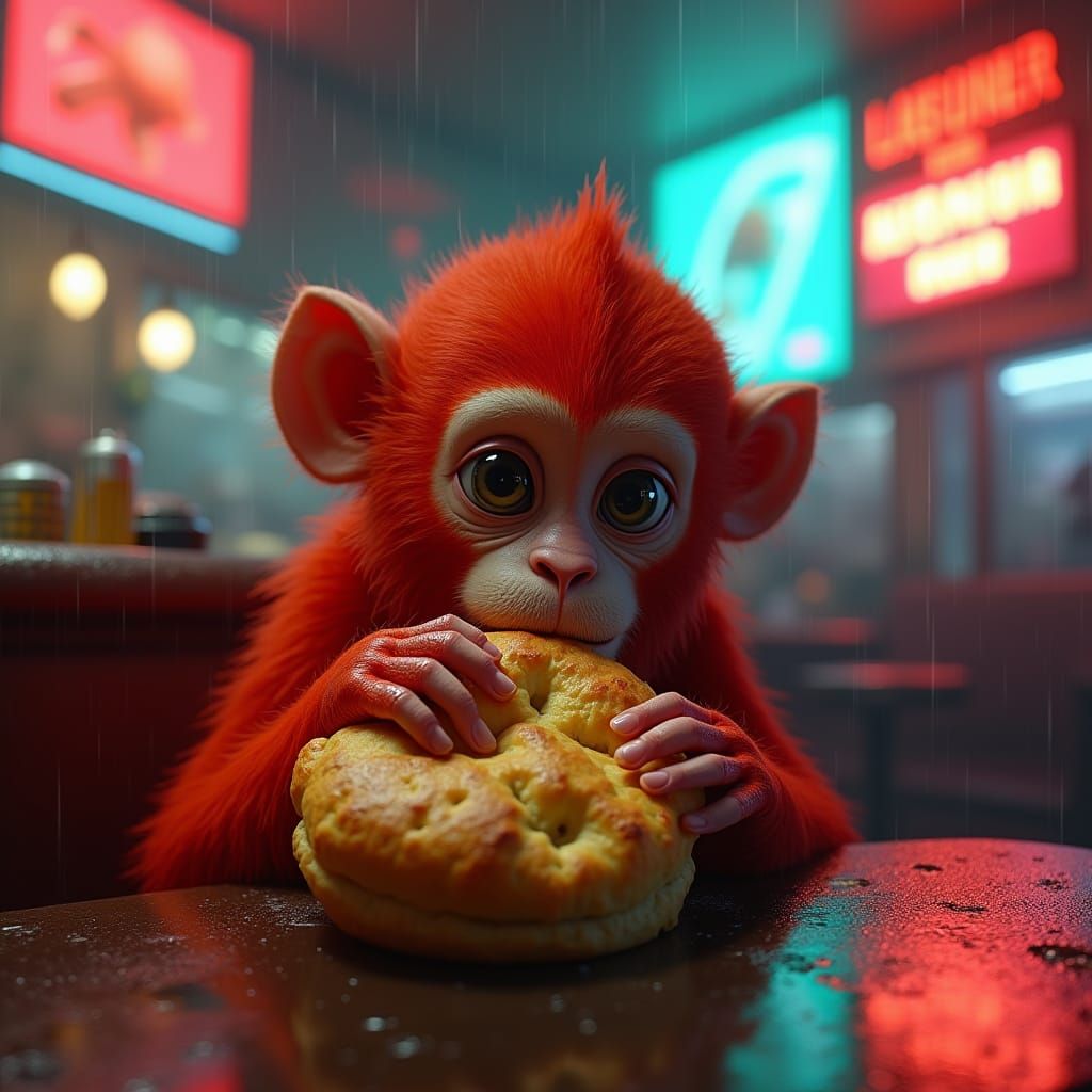 Red Monkey in Cyberpunk Diner with Biscuit