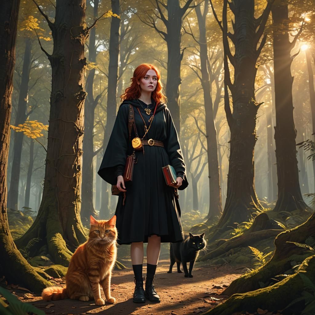 Red-Haired Girl with Cats in Sunlit Forest