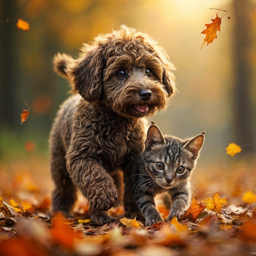 Playful Poodle and Cat in Autumn Leaves
