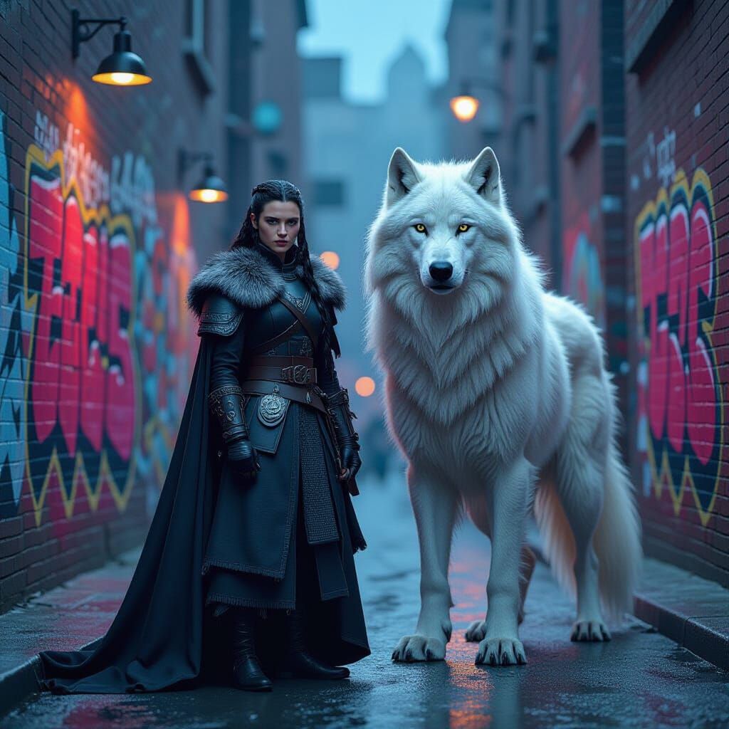 Armored Warrior Woman and Dire Wolf in Gritty City