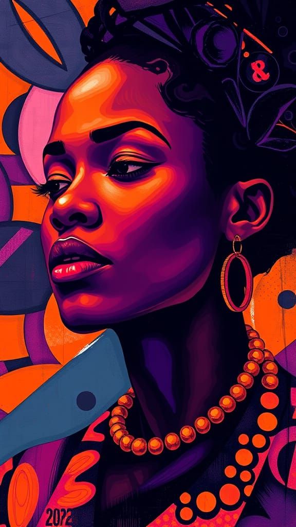 African Woman in Vibrant Doek, amidst Geometric Shapes and O...
