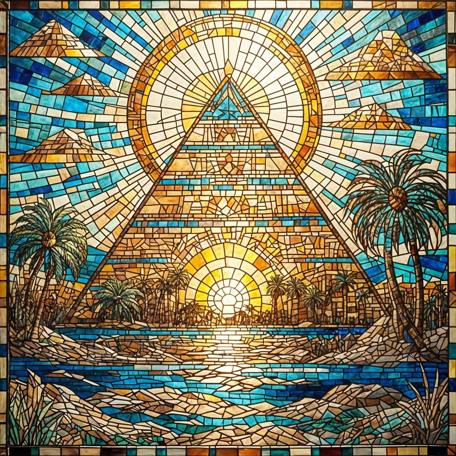Egyptian Pyramid Sunrise in Stained Glass Mosaic