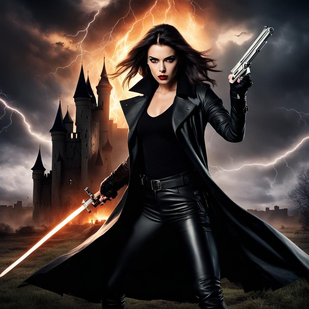 Vampire Slayer with Sword and Gun in Storm