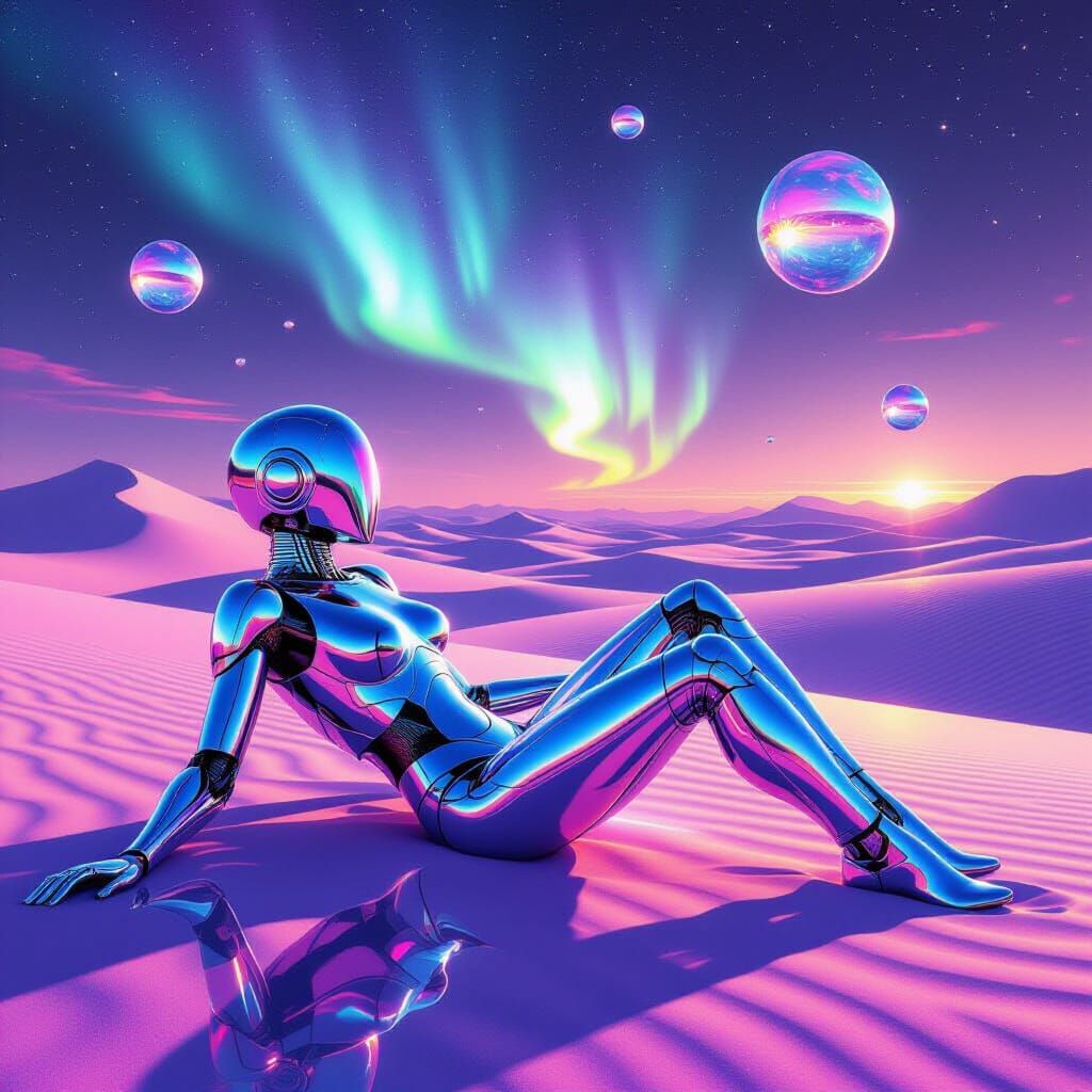 Chrome Android in Crystal Desert Under Auroras