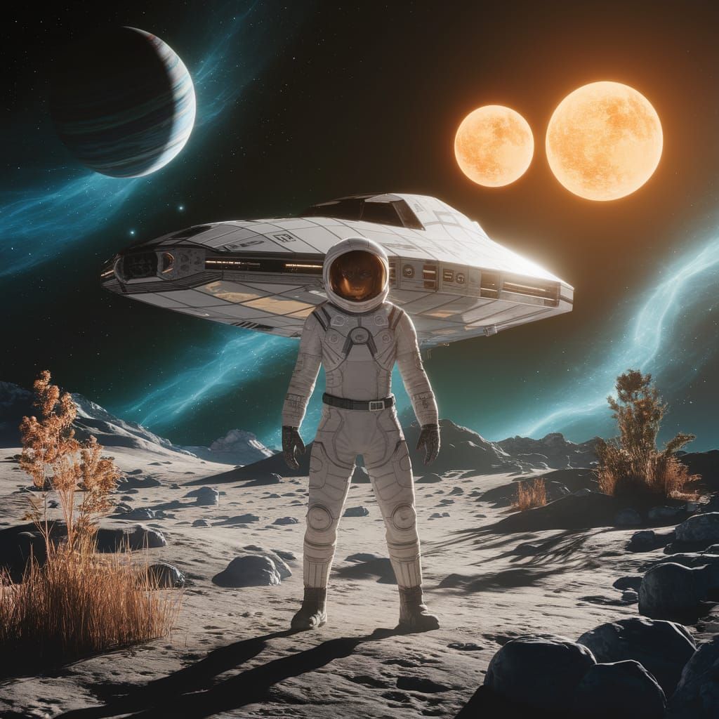 Futuristic Explorer Stands Tall on Distant Moon in Cyberpunk...