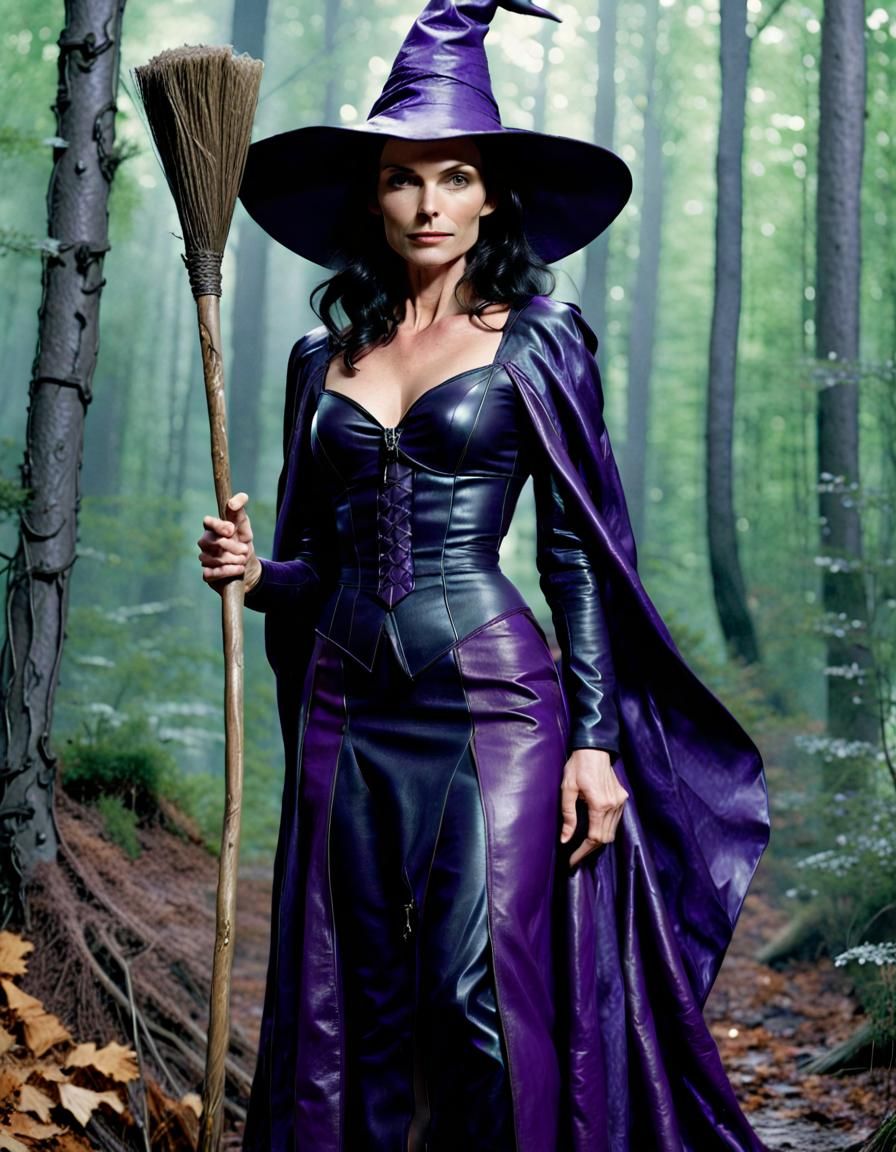 Beautiful Witch in Violet Leather in Forest