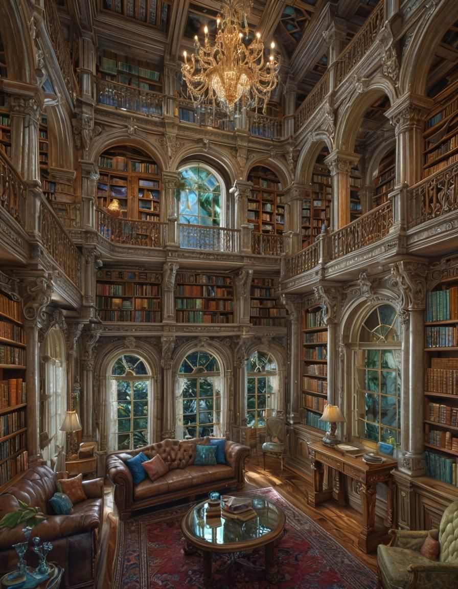 Magical Tropical Castle Library in Photorealistic Detail