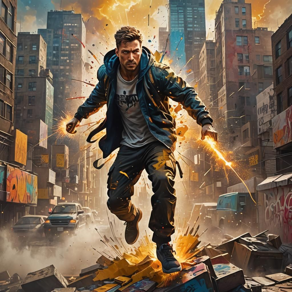 Dynamic Action Hero in Urban Fauvist Painting