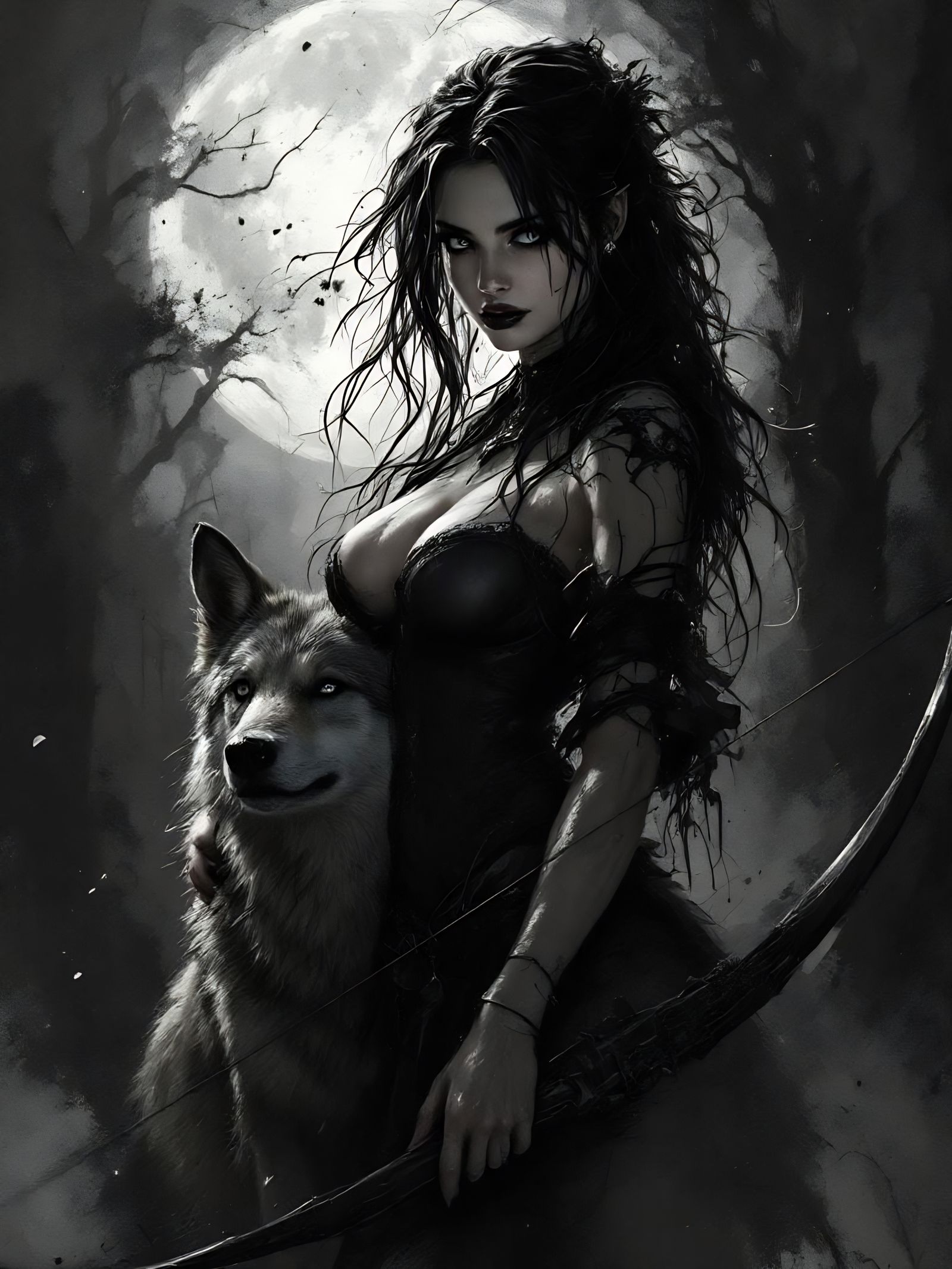 Busty Huntress in Gothic Ink-Splatter Forest