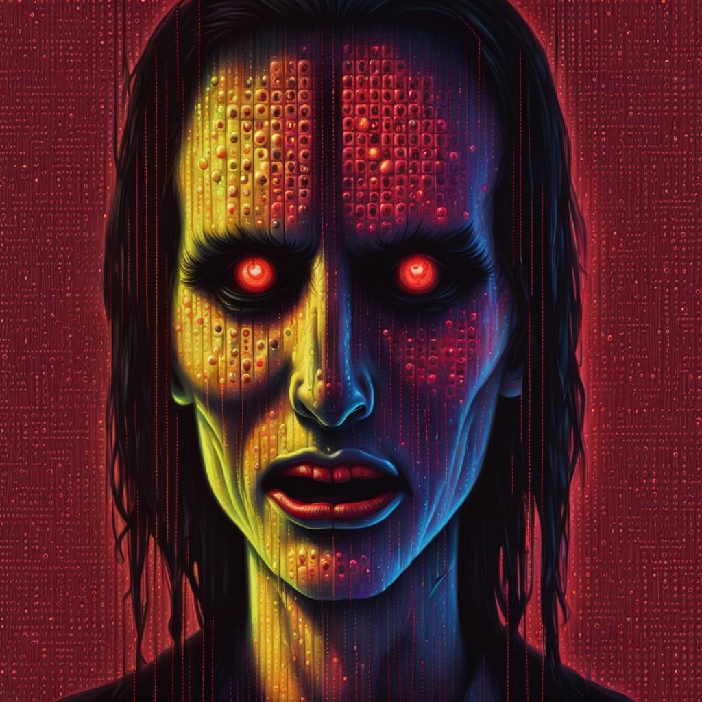 Neon Horror Vampire in Binary Code Art