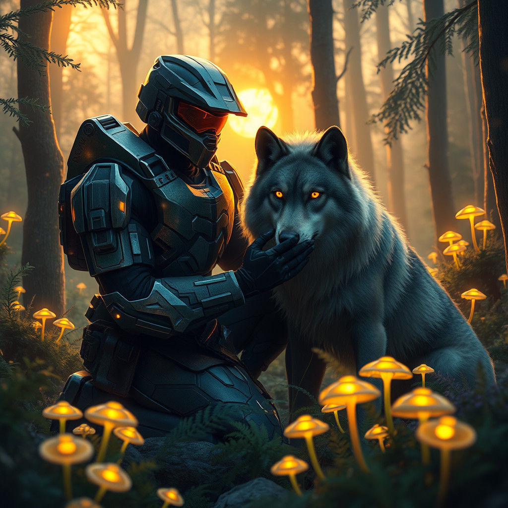 Halo Spartan Petting Wolf in Mystical Forest