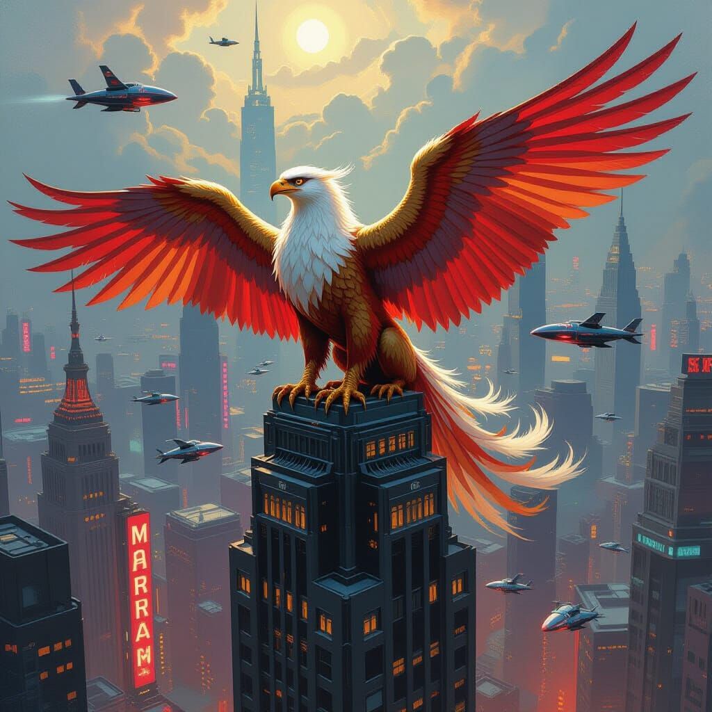 Griffin Perched on Skyscraper in Cyberpunk City