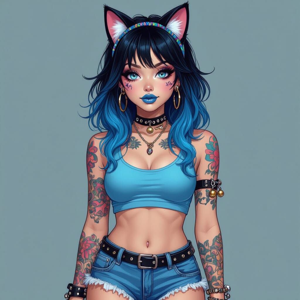 Emo Girl with Blue Hair in Pop Surrealist Style