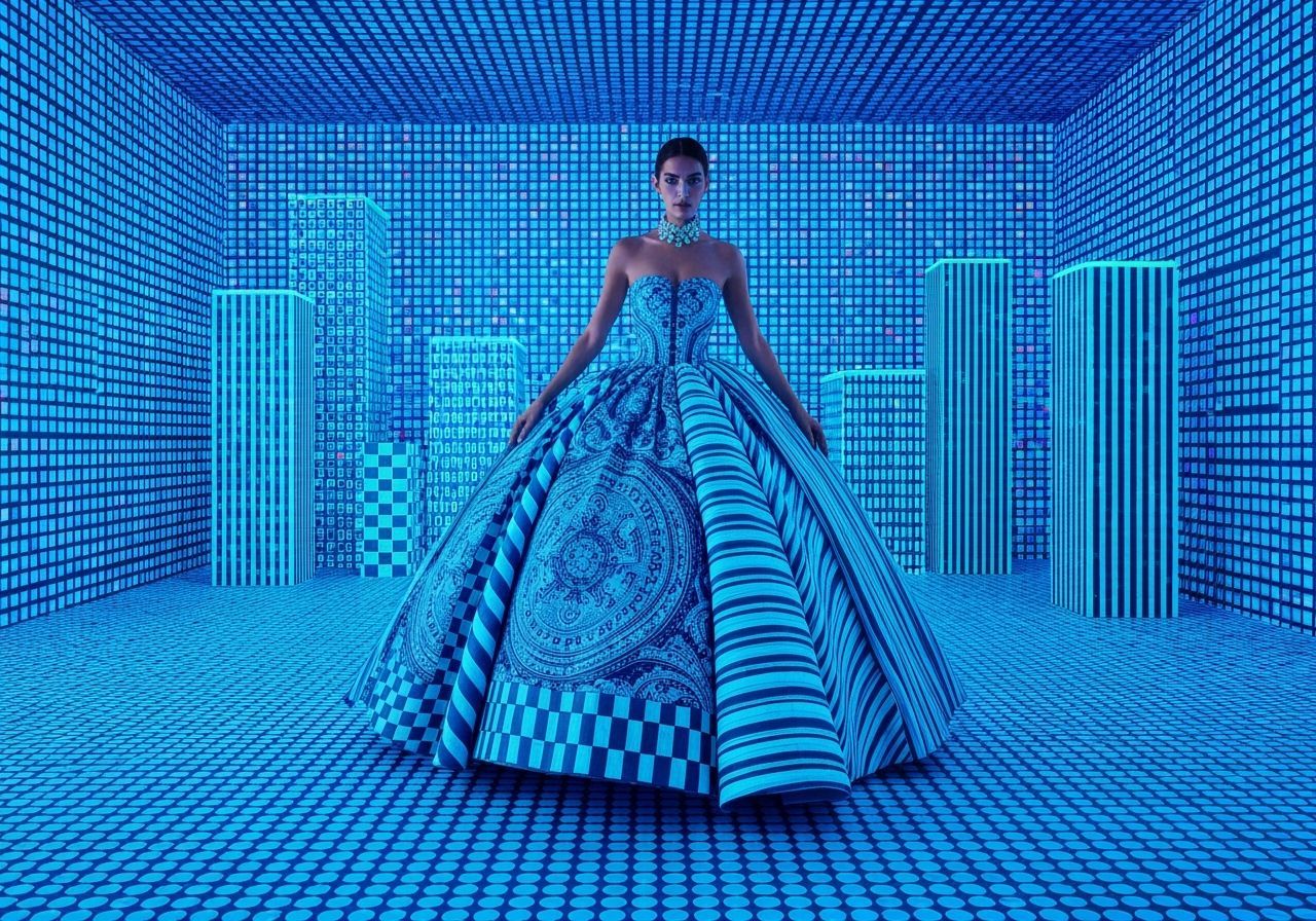Woman in Voluminous Neon Blue Couture Dress in Futuristic Ro...