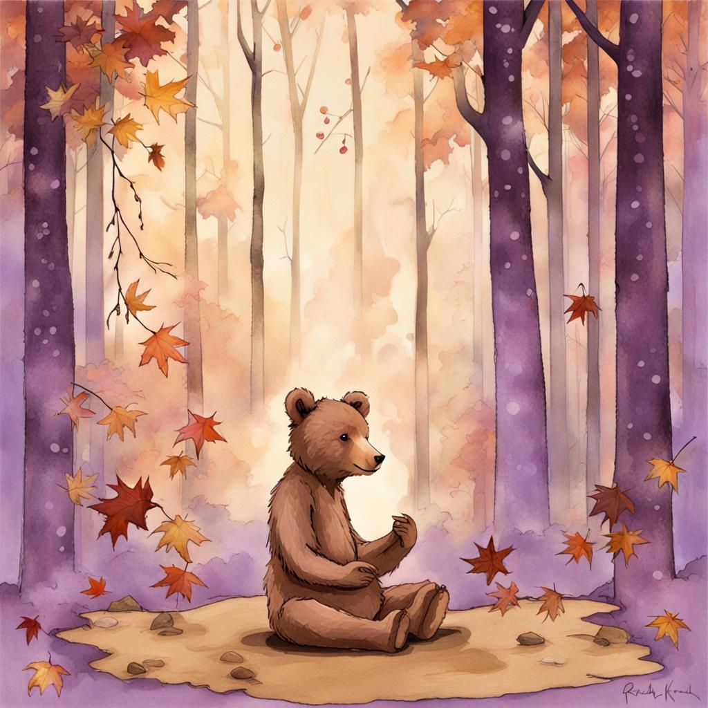 Teddy Bear Picnic with Dancing Elves, Vintage Illustration