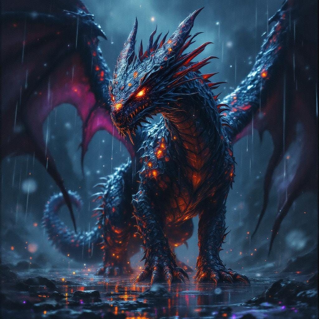 Dragon-Raven Hybrid in Rain, Atmospheric Digital Art