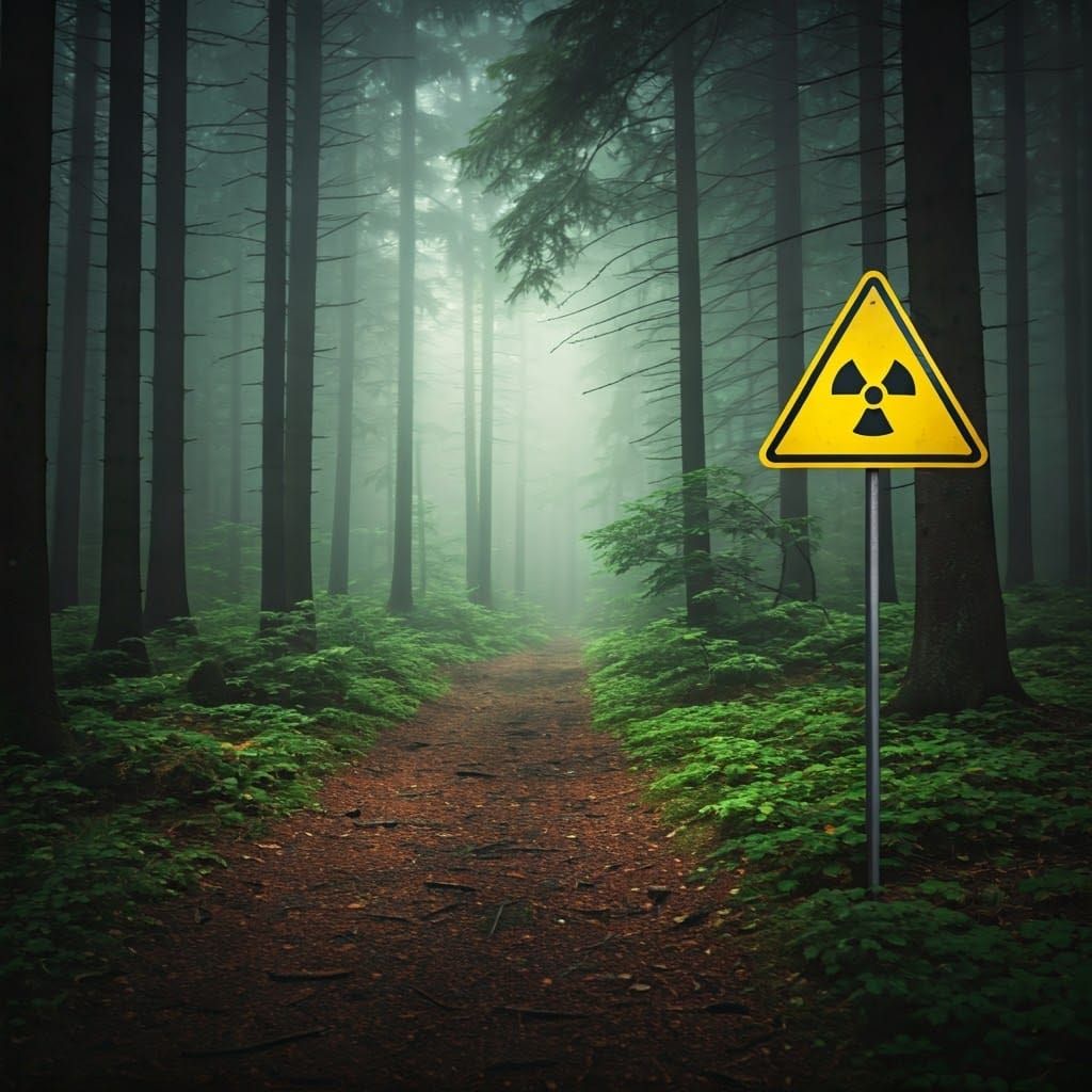 Eerie Nuclear Hazmat Sign in Misty Forest