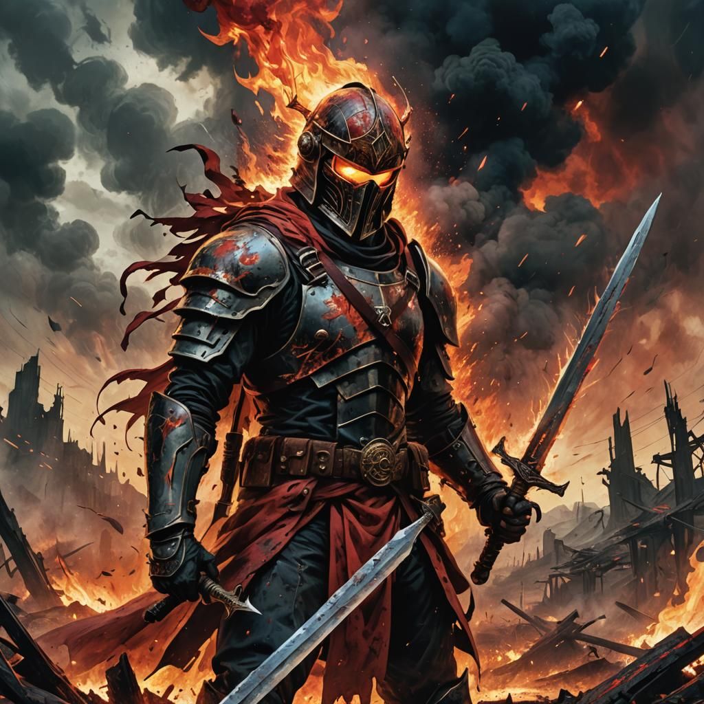 Epic Dark Fantasy Warrior in Fiery Landscape
