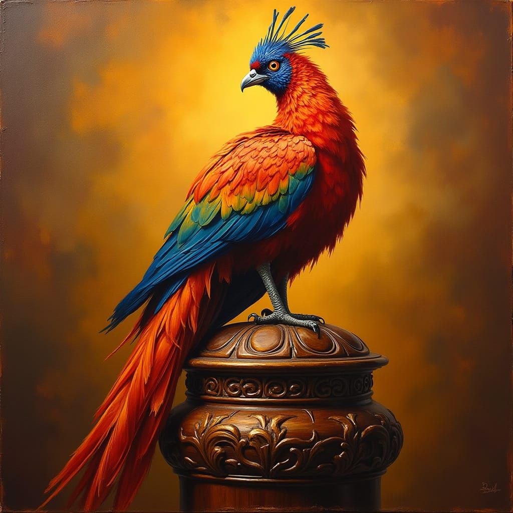 Regal Phoenix on Antique Wooden Perch in Thick Oil Painting ...