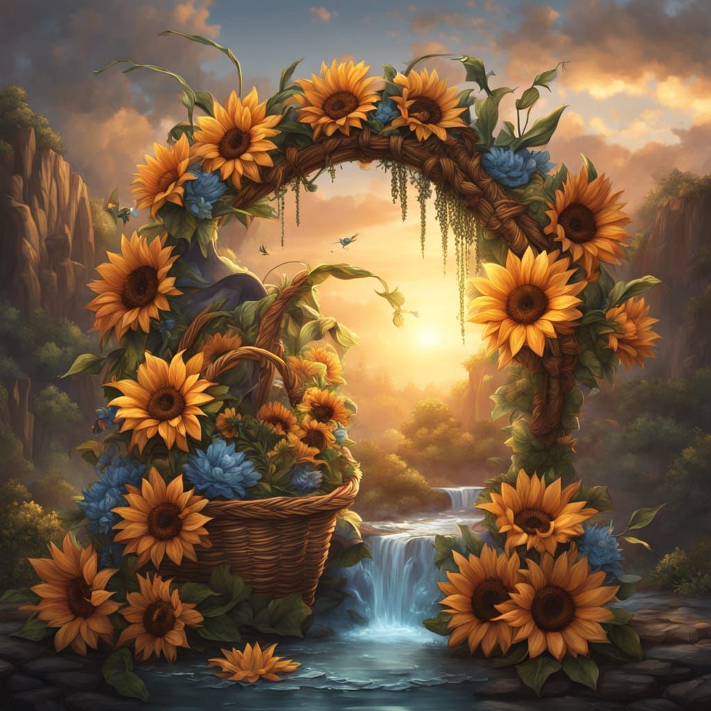 Vibrant Sunset Waterfall Scene with Sunflowers and Lilies