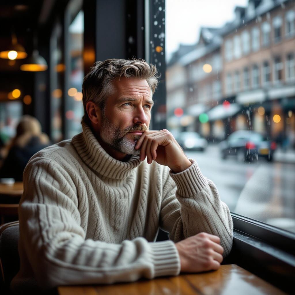 Contemplative Man by Cafe Window in Winter