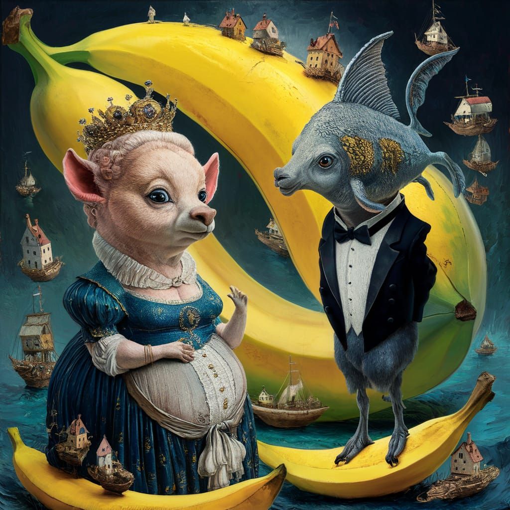 Surreal Mythical Creature on Banana in Van Gogh Style