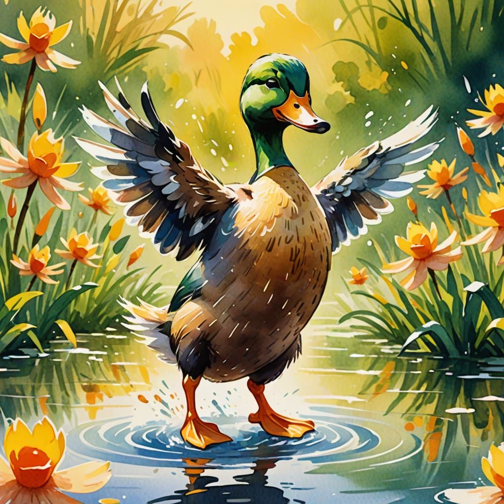 Happy Cartoon Duck Dancing in Watercolor Style