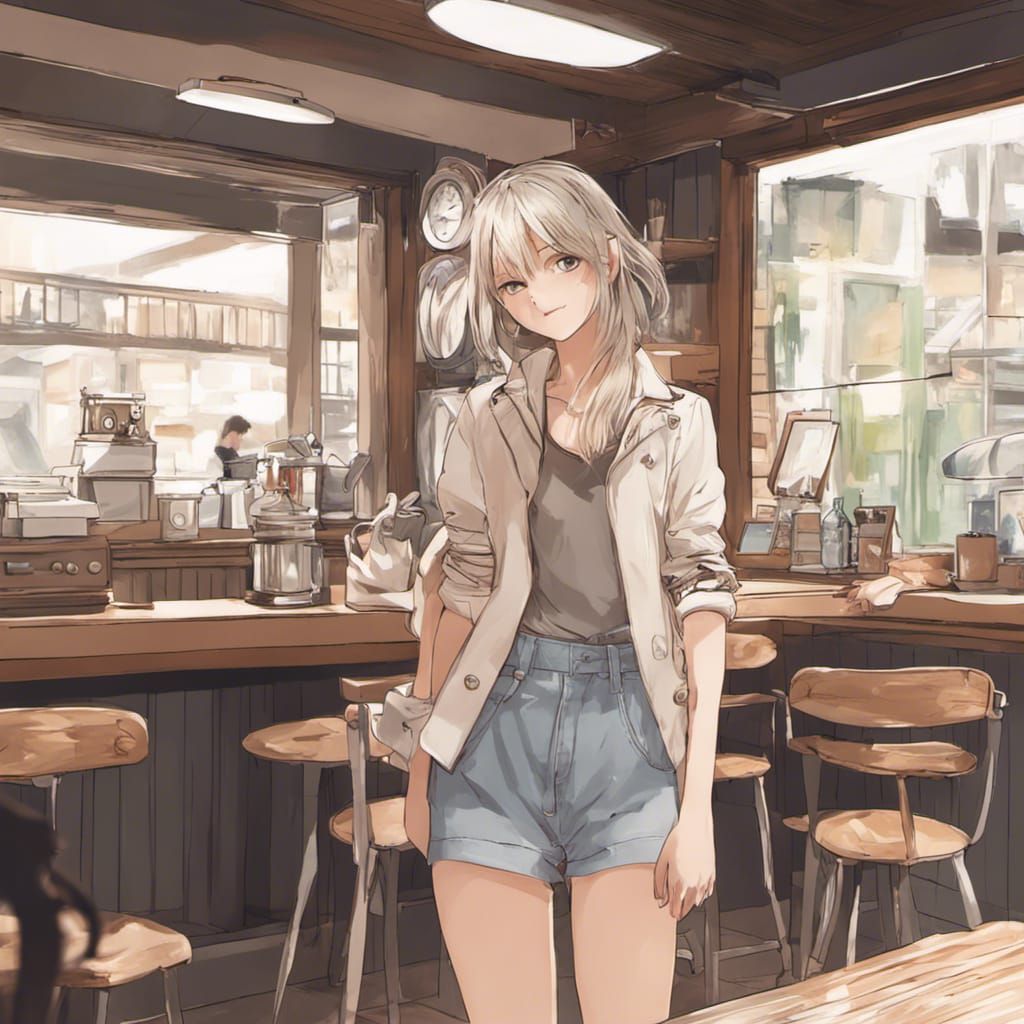Anime Girl in Coffee Shop: Japanese Manga Style