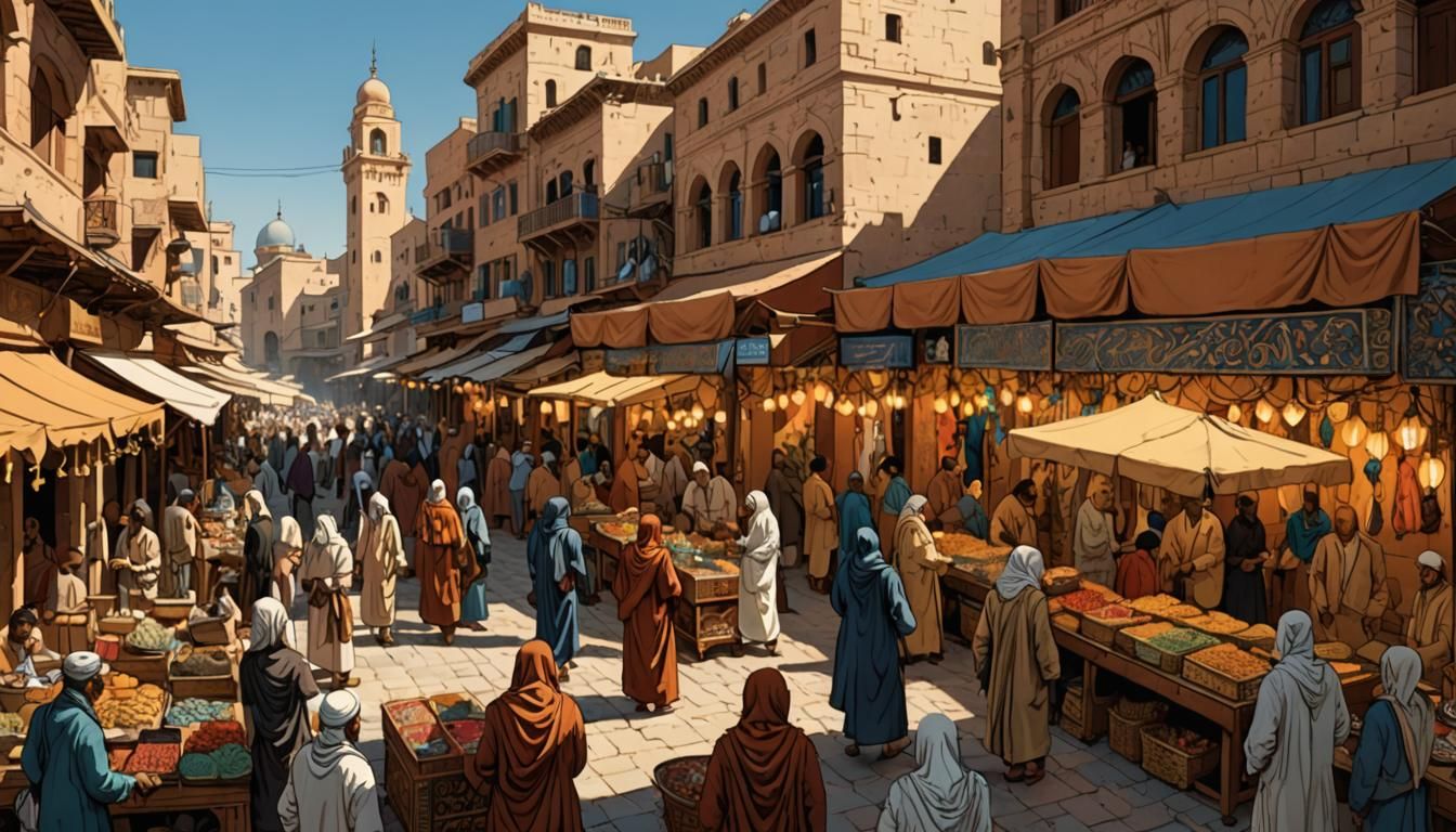 Bustling Bazaar: Moebius-Style Sci-Fi Illustration