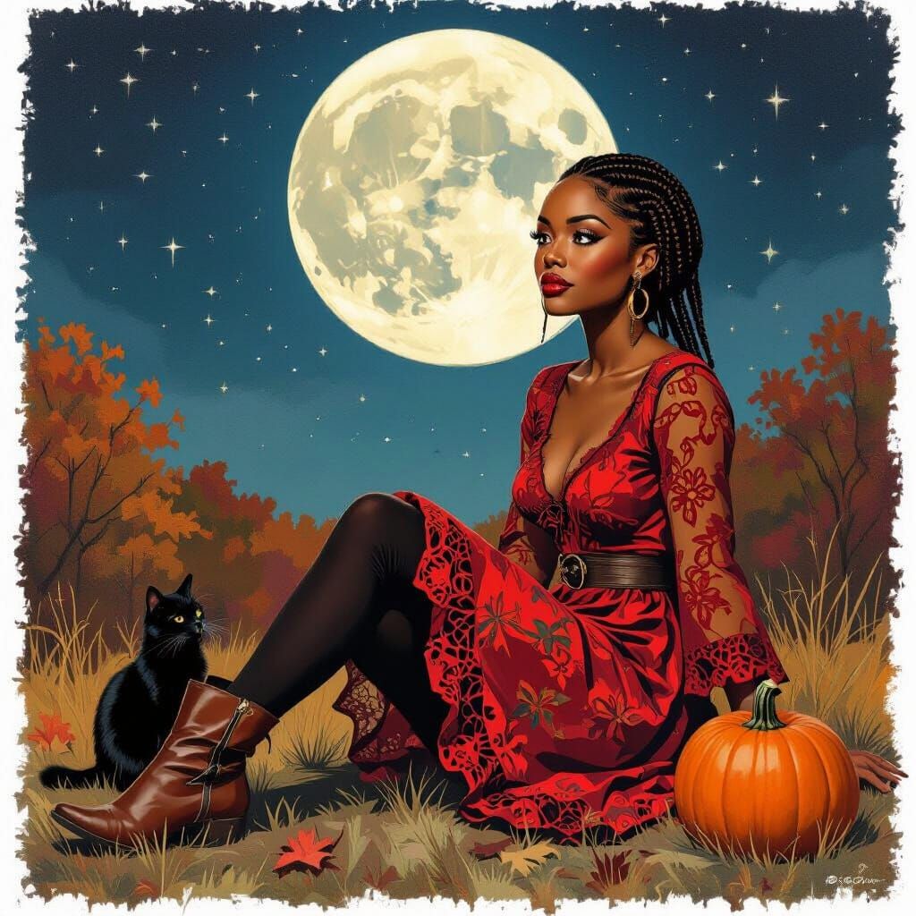 Autumn Night Scene with Woman in Collage Style