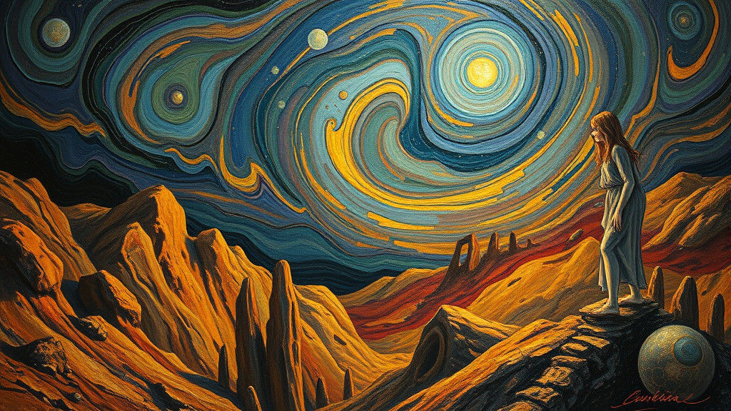 Surreal World Under Golden Night Sky in Art Nouveau Style