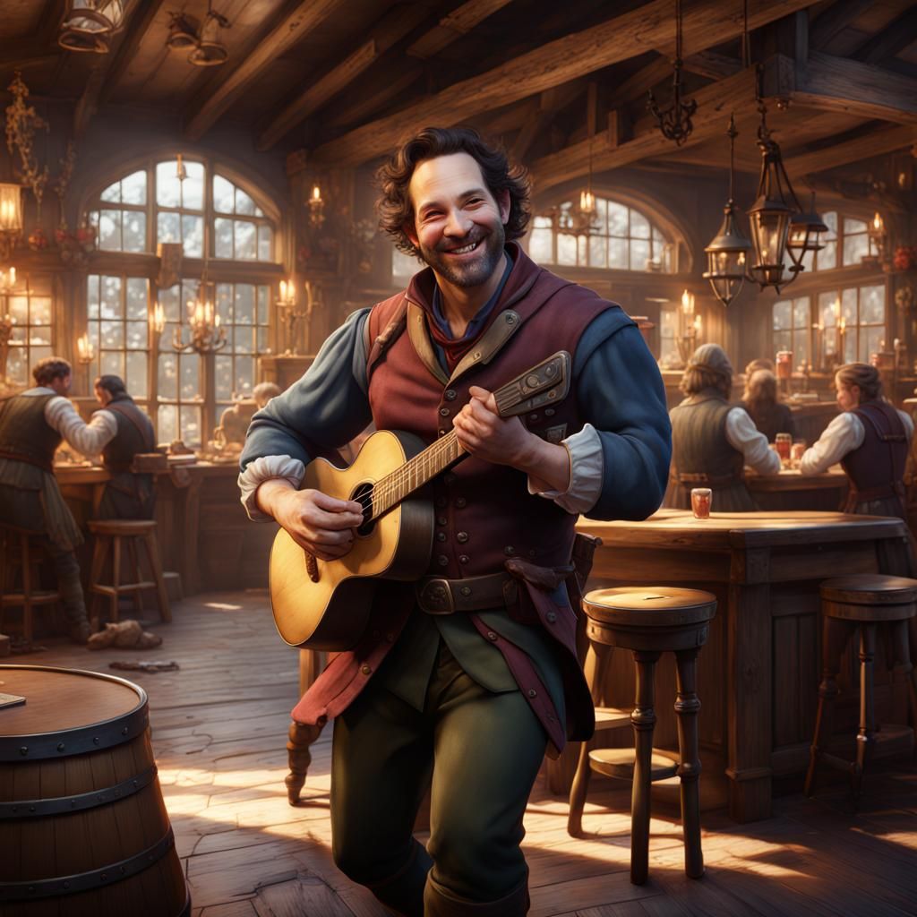 Happy Bard Smiles in Tavern: Detailed Matte Painting