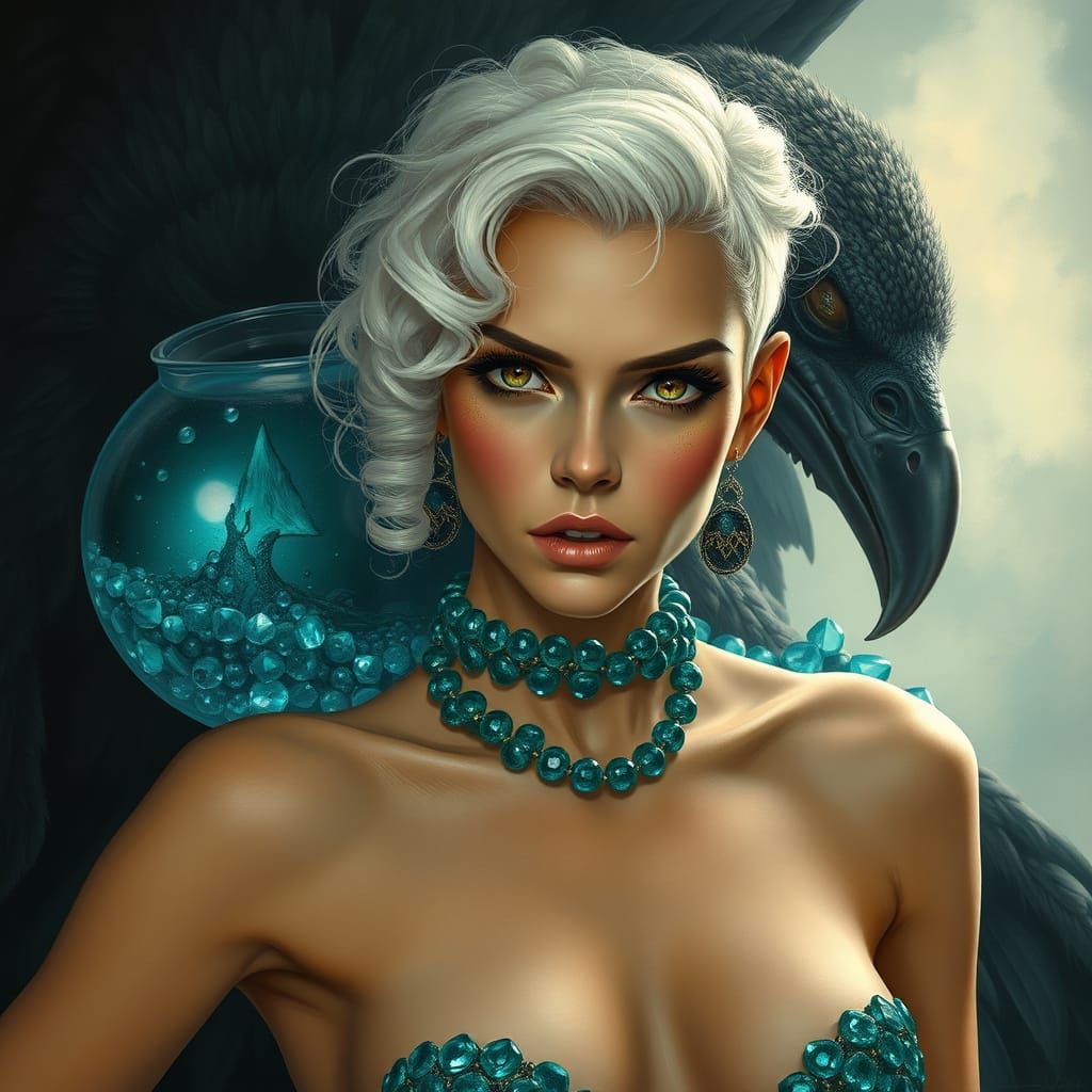 Bare-Chested Woman with Aqua Beads in Fantasy Art Style