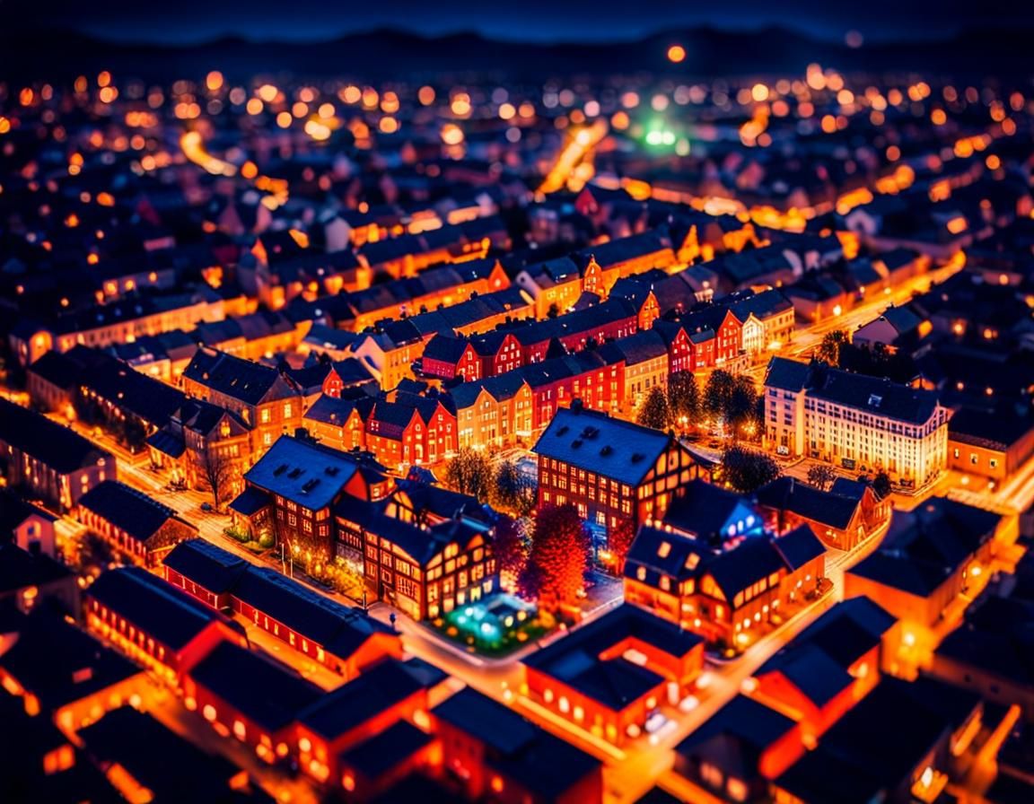 Steampunk Cityscape at Night in Tilt-Shift