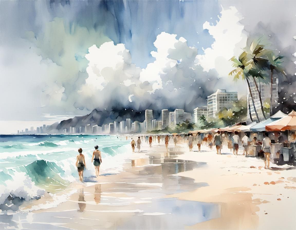 Waikiki Beach Paradise in Oil Painting Style