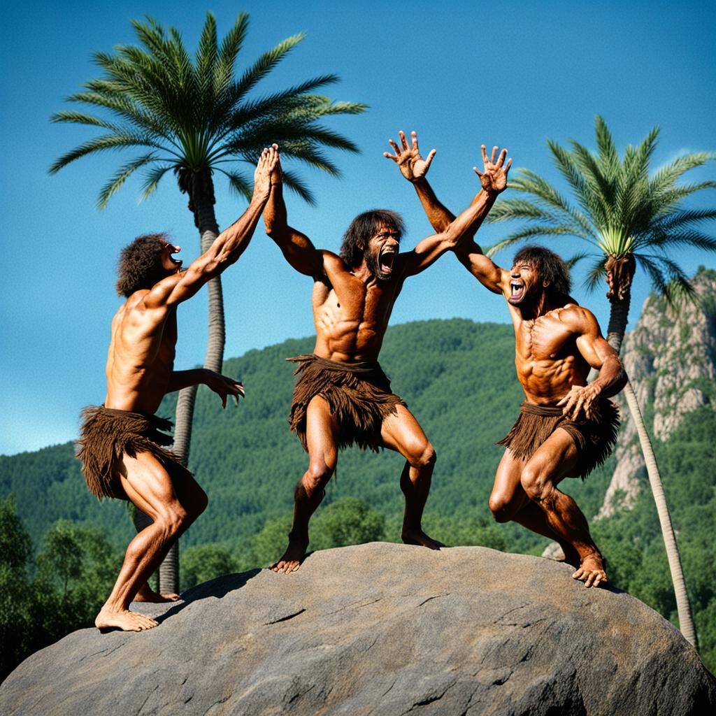 Cavemen High Five After Dinosaur Escape