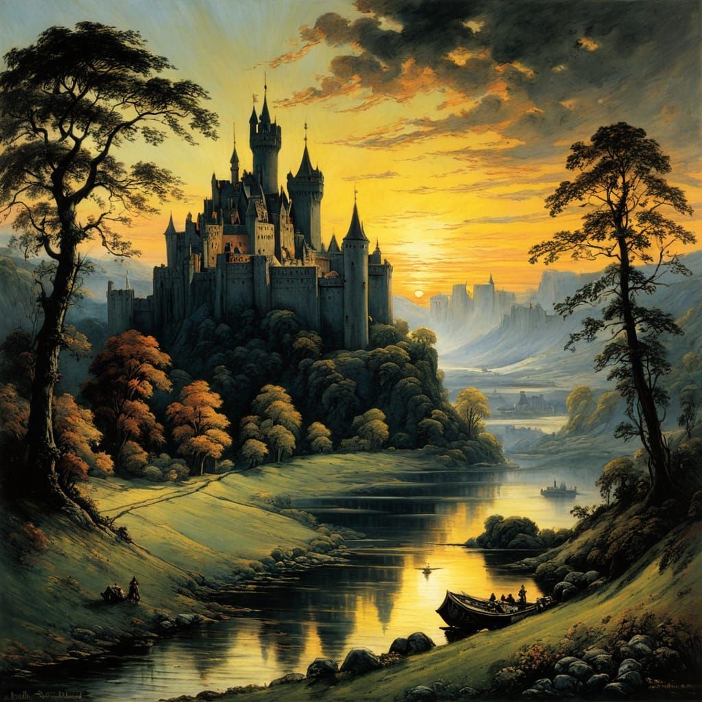 Medieval Castle at Sunrise in Chiaroscuro Style