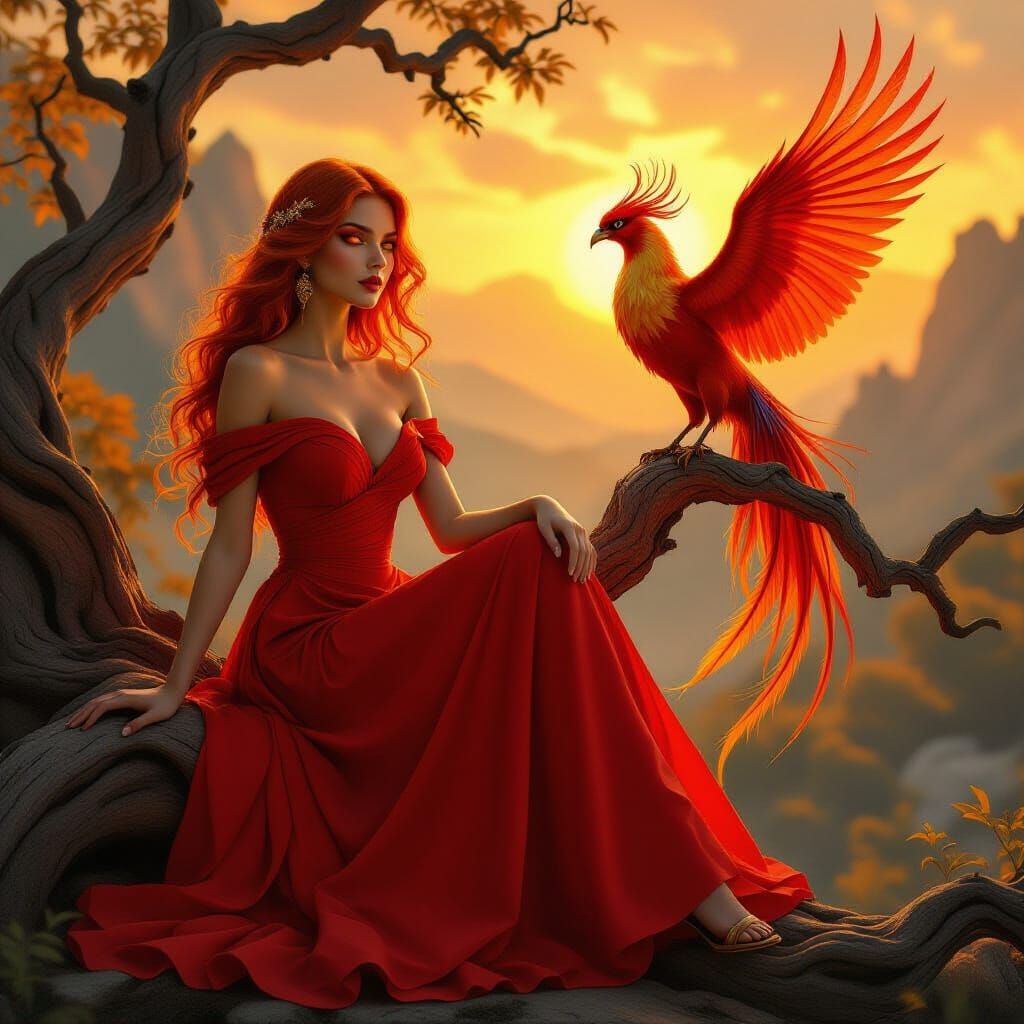 Woman in Red Dress with Phoenix at Mystical Dawn