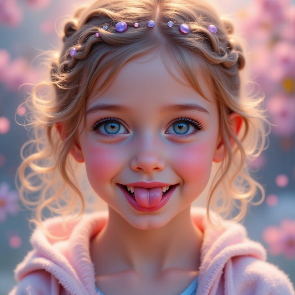 Hyperrealistic Portrait of a Girl with Tongue Out