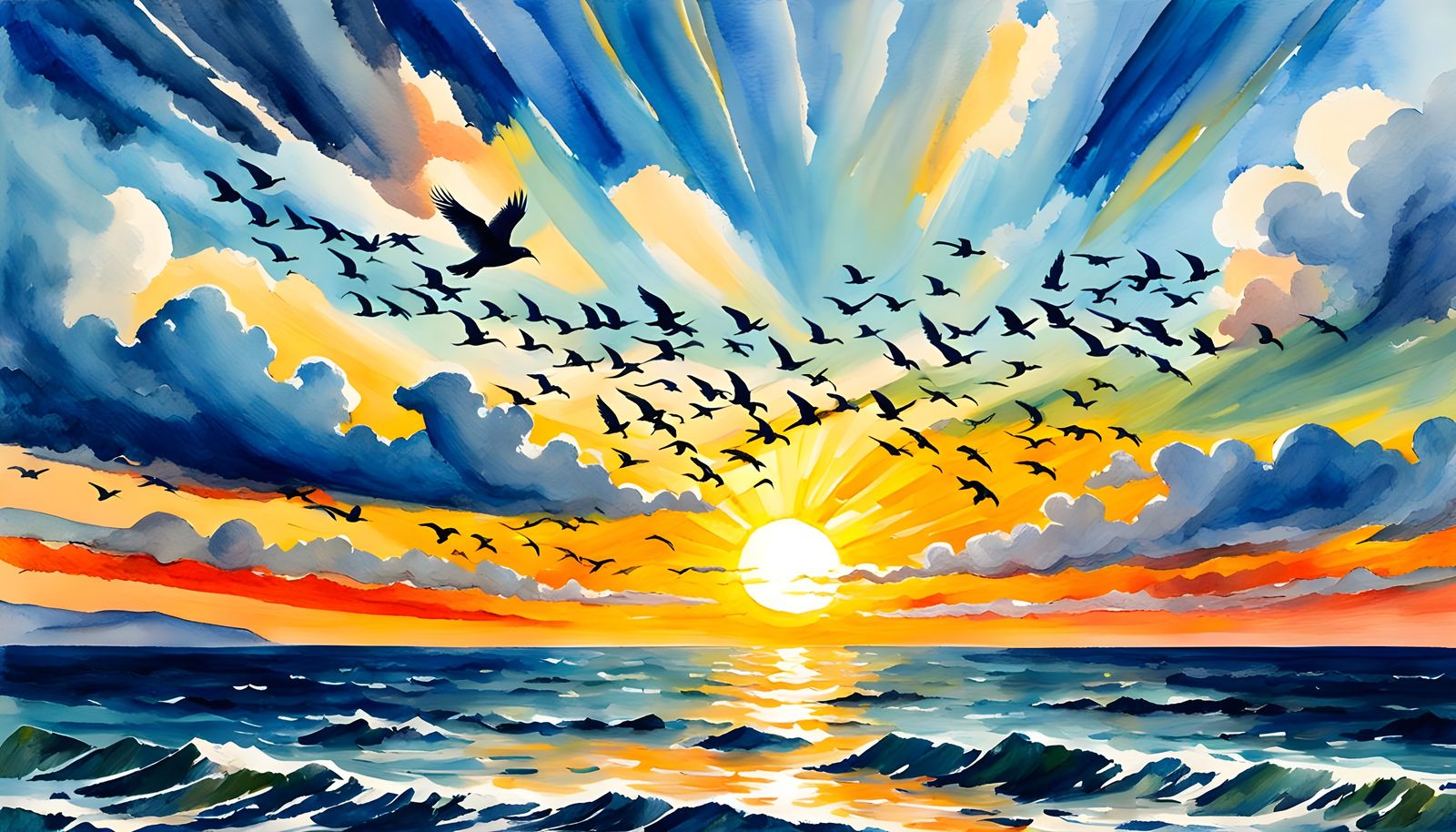 Birds Soar Through Majestic Skies in Vibrant Gouache Masterp...