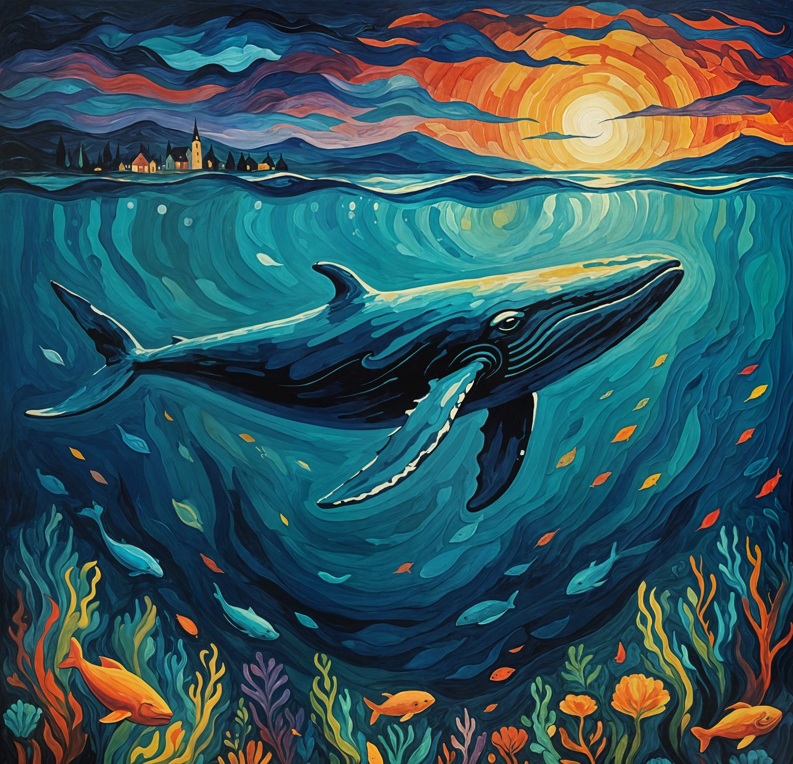 Whale Underwater Night in Post-Impressionistic Style